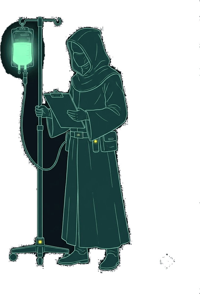 A clinician beside an IV stand of liquidity
