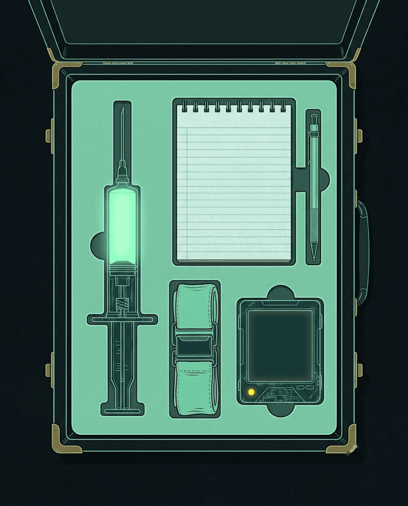 An open revival kit: a syringe of liquidity, a notepad and a handheld monitor