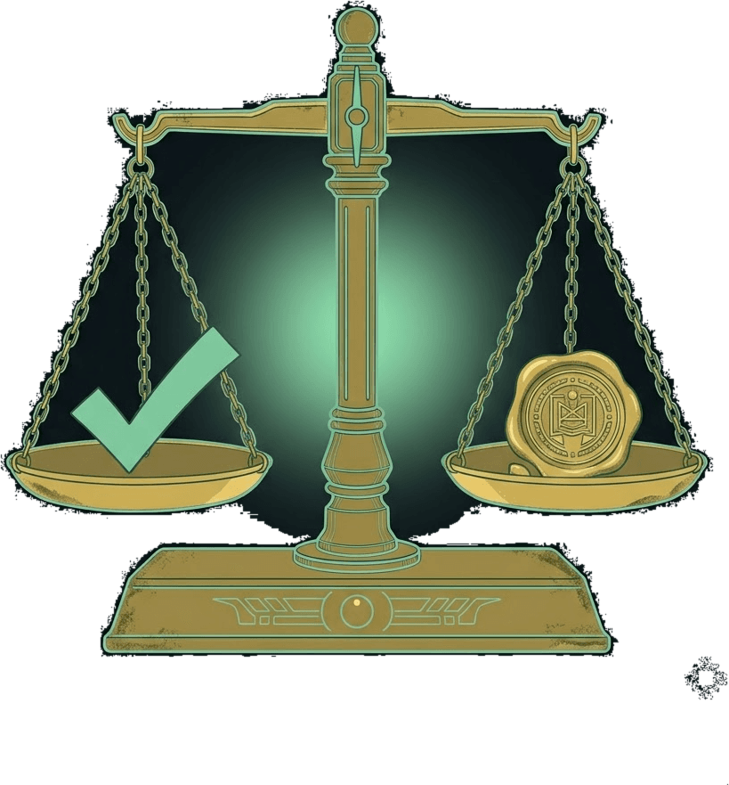 A balance scale level between a check mark and a wax seal